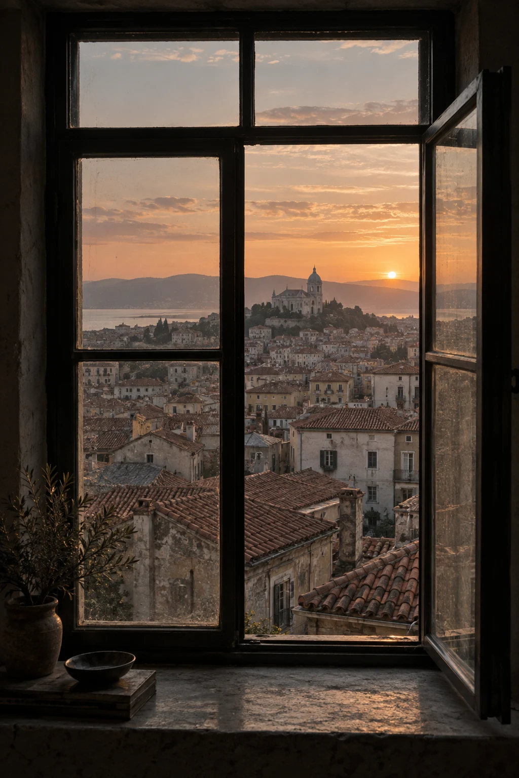 Abendlicher Blick durch ein Fenster auf eine mediterrane Stadt