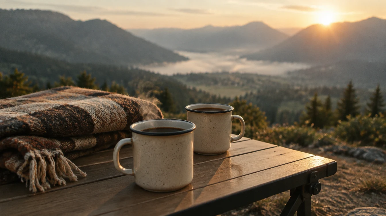KI-Vorschaumotiv: zwei Kaffeetassen vor einer Berglandschaft
